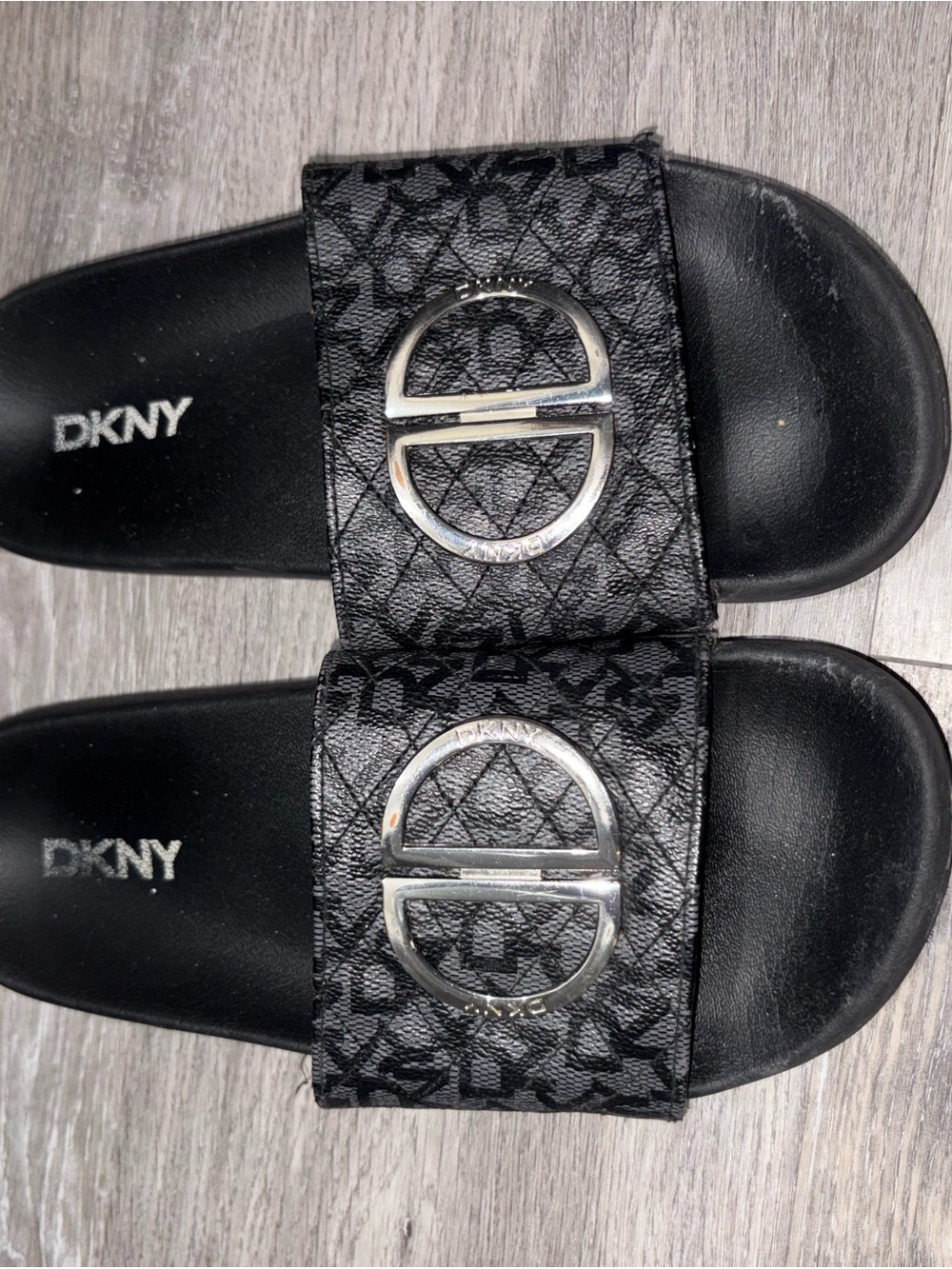 DKNY Black Monogram Slide Sandals with Silver Emblems